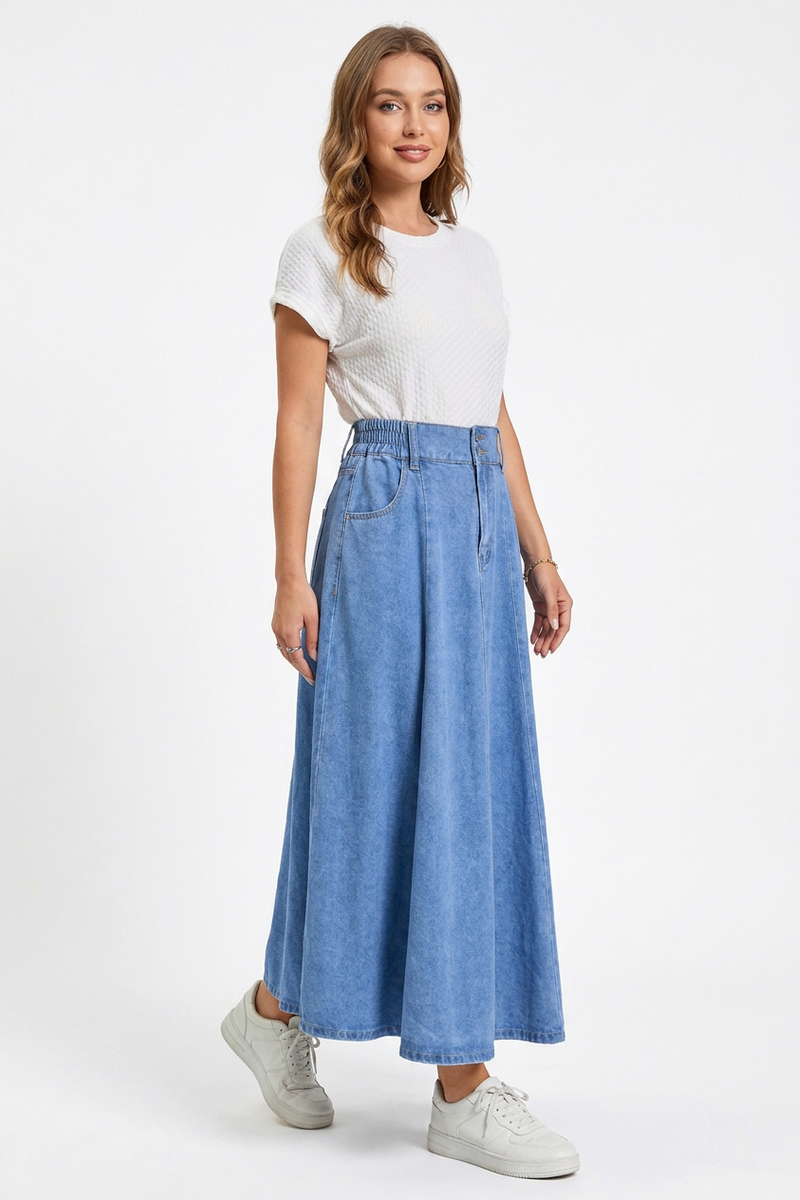Women's High-Waisted Drawstring Denim Midi Skirt