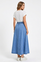 Women's High-Waisted Drawstring Denim Midi Skirt