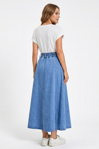 Women's High-Waisted Drawstring Denim Midi Skirt