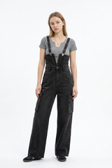 Women's Fall Vintage Side Pocket Wash Black Denim Overalls