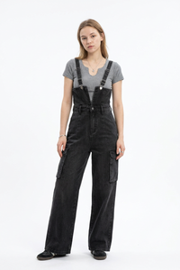 Women's Fall Vintage Side Pocket Wash Black Denim Overalls