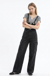 Women's Fall Vintage Side Pocket Wash Black Denim Overalls