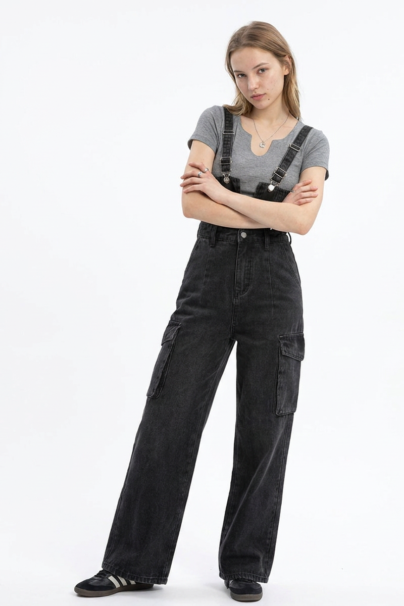 Women's Fall Vintage Side Pocket Wash Black Denim Overalls