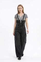 Women's Fall Vintage Side Pocket Wash Black Denim Overalls