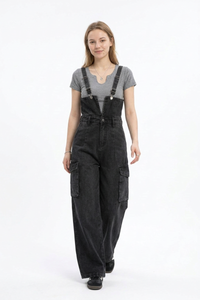 Women's Fall Vintage Side Pocket Wash Black Denim Overalls