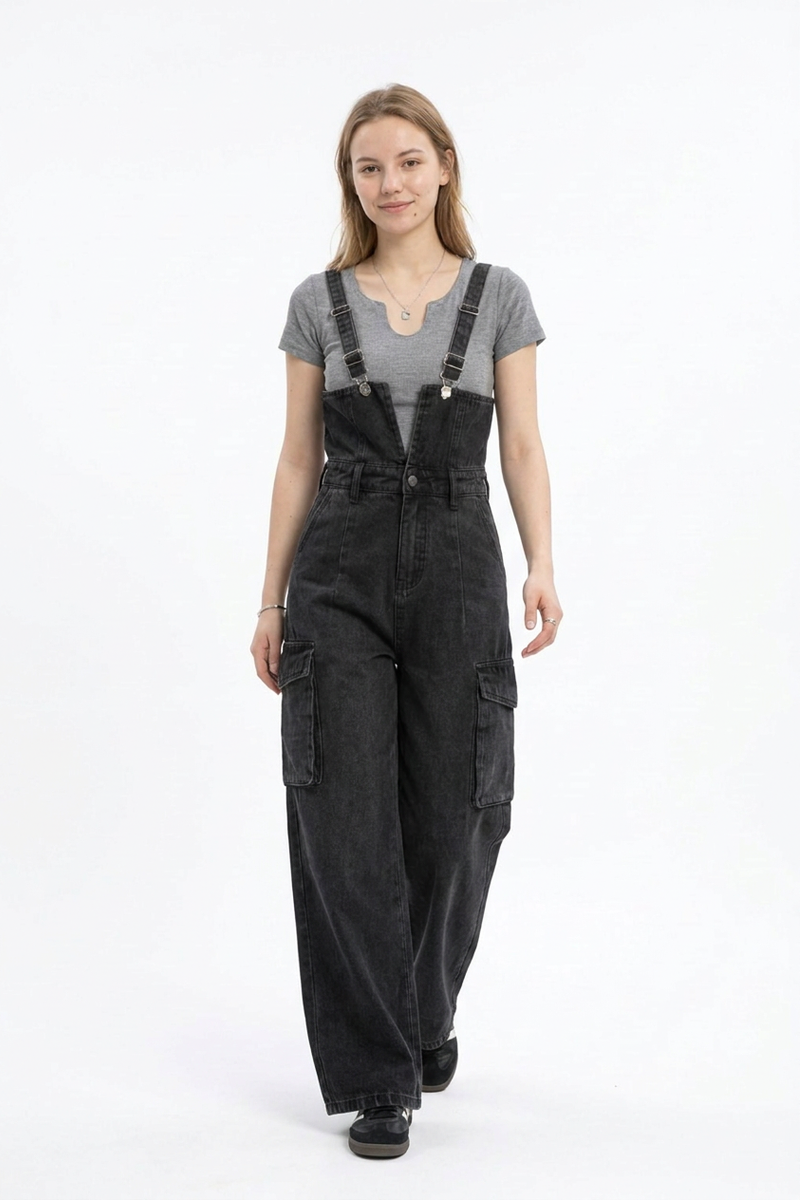 Women's Fall Vintage Side Pocket Wash Black Denim Overalls