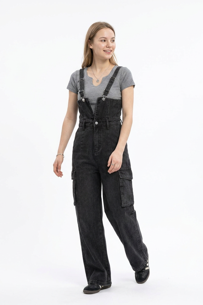 Women's Fall Vintage Side Pocket Wash Black Denim Overalls