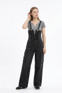 Women's Fall Vintage Side Pocket Wash Black Denim Overalls