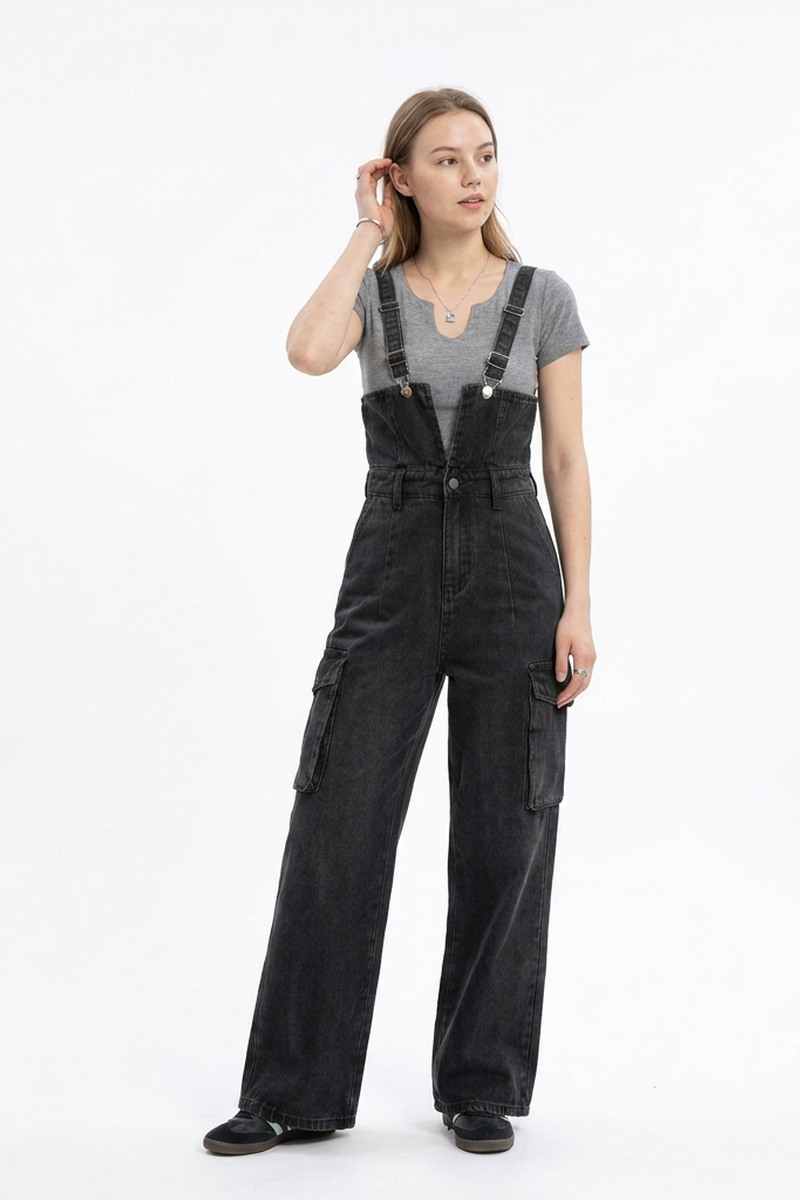 Women's Fall Vintage Side Pocket Wash Black Denim Overalls