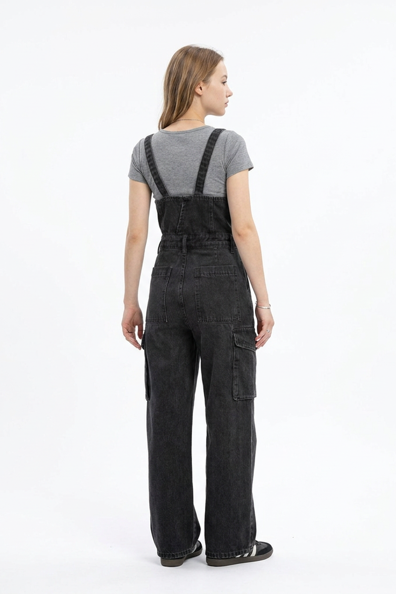Women's Fall Vintage Side Pocket Wash Black Denim Overalls