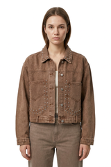 Women's  100% Cotton Fall Studded Cropped Slim Fit Denim Jacket