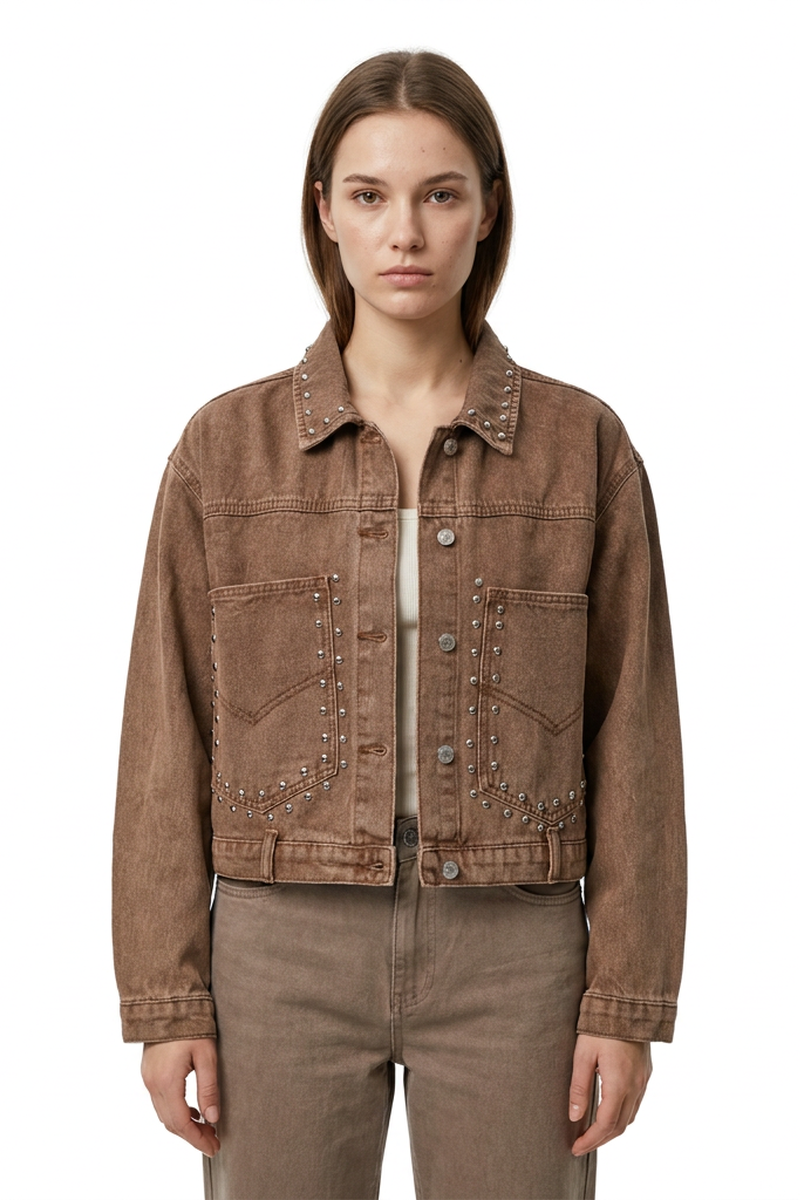 Women's  100% Cotton Fall Studded Cropped Slim Fit Denim Jacket