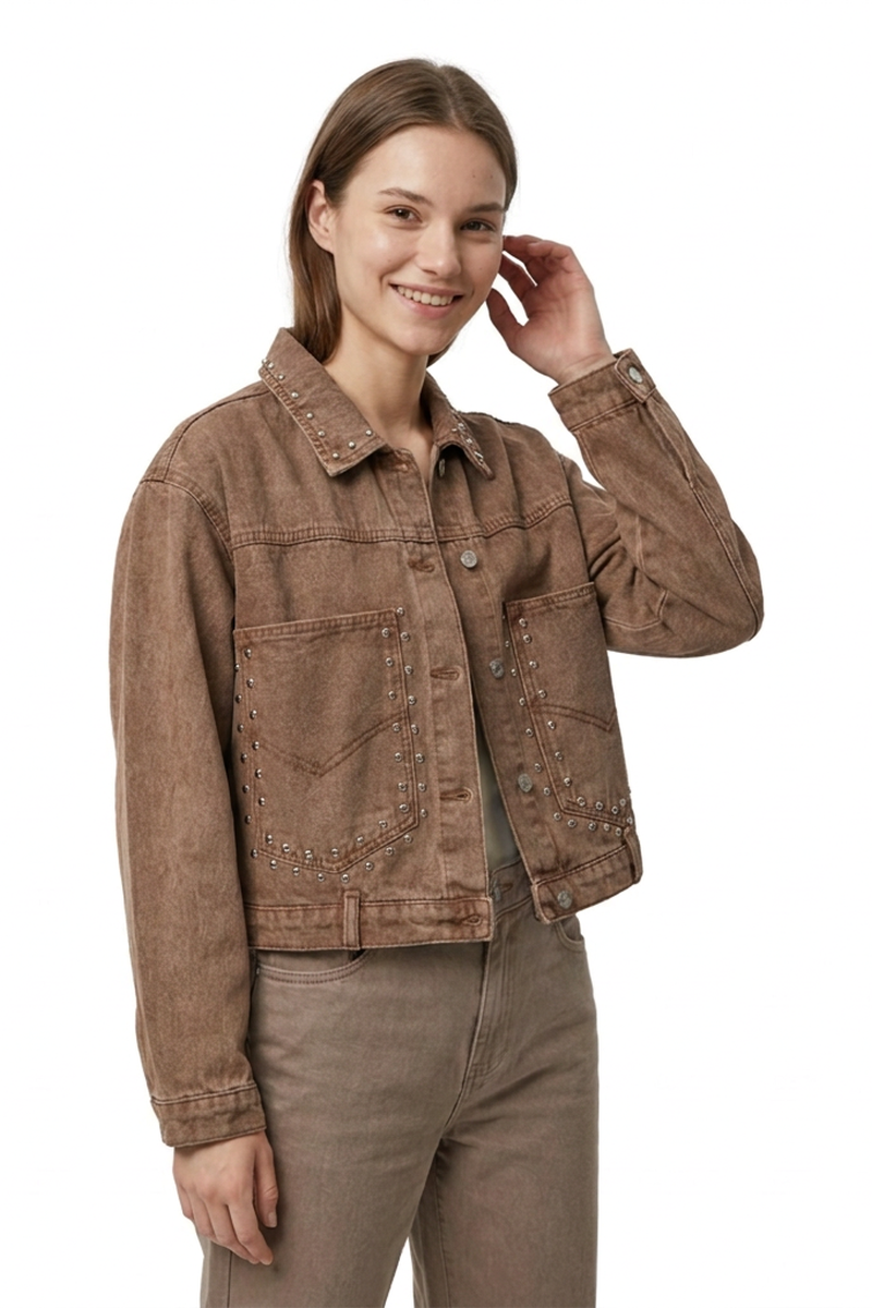 Women's  100% Cotton Fall Studded Cropped Slim Fit Denim Jacket