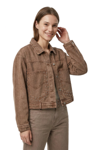 Women's  100% Cotton Fall Studded Cropped Slim Fit Denim Jacket
