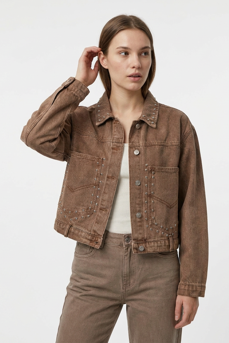 Women's  100% Cotton Fall Studded Cropped Slim Fit Denim Jacket
