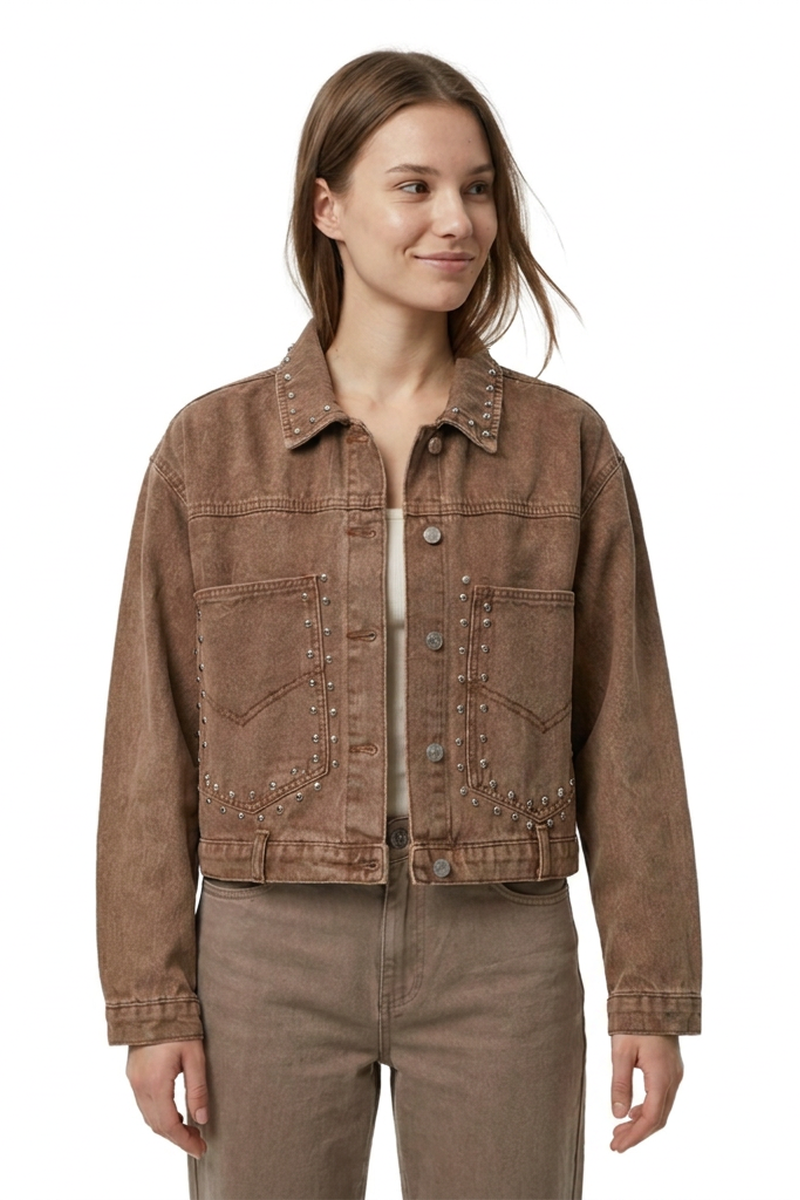 Women's  100% Cotton Fall Studded Cropped Slim Fit Denim Jacket