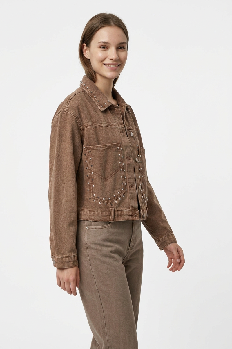 Women's  100% Cotton Fall Studded Cropped Slim Fit Denim Jacket