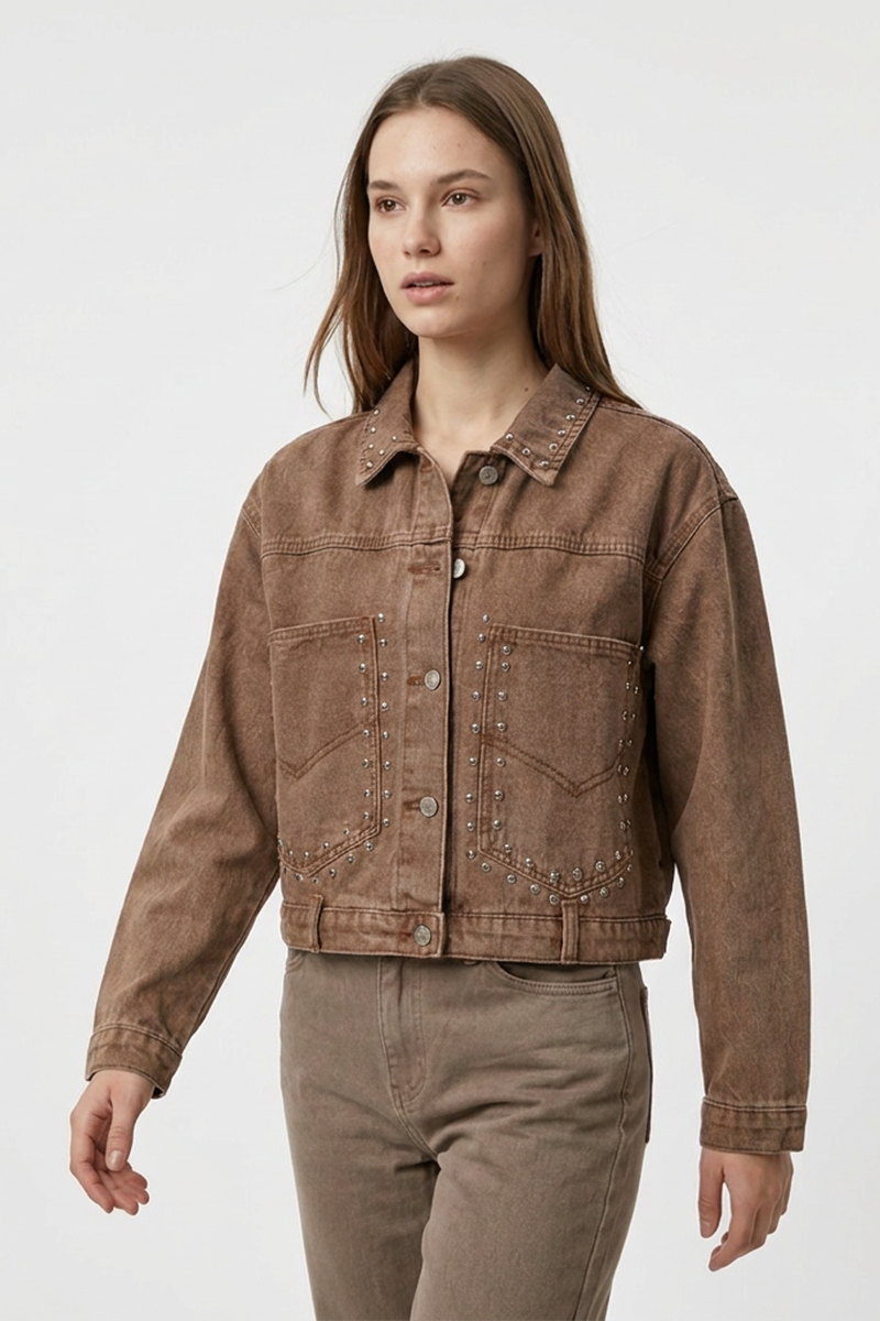 Women's  100% Cotton Fall Studded Cropped Slim Fit Denim Jacket