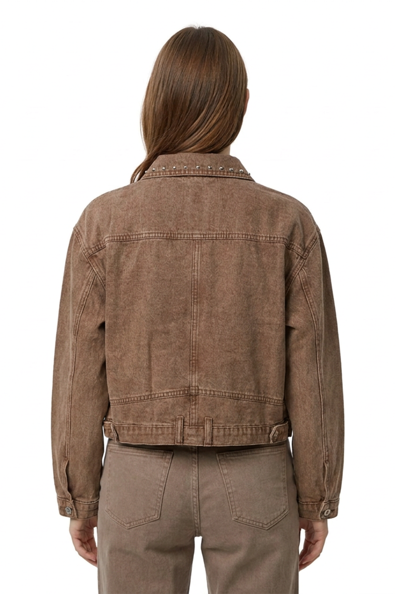 Women's  100% Cotton Fall Studded Cropped Slim Fit Denim Jacket