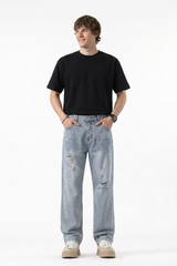 Men's Vintage Wash Ripped Relaxed Fit Straight-Leg Jeans