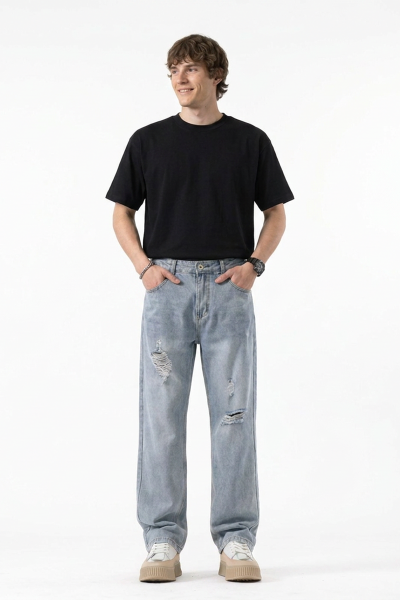 Men's Vintage Wash Ripped Relaxed Fit Straight-Leg Jeans