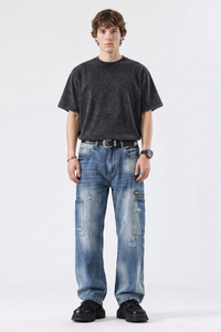 Men's Vintage Wash Straight-Leg Multi-Pocket Cargo Jeans