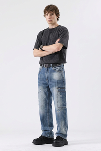 Men's Vintage Wash Straight-Leg Multi-Pocket Cargo Jeans
