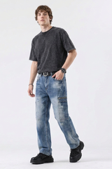Men's Vintage Wash Straight-Leg Multi-Pocket Cargo Jeans