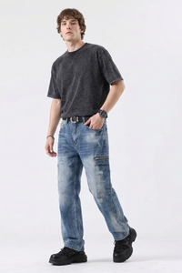 Men's Vintage Wash Straight-Leg Multi-Pocket Cargo Jeans