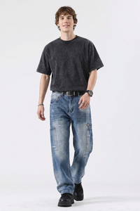 Men's Vintage Wash Straight-Leg Multi-Pocket Cargo Jeans