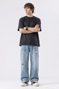 Men's Light Blue Distressed Ripped Wide-Leg Jeans