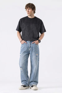Men's Light Blue Distressed Ripped Wide-Leg Jeans