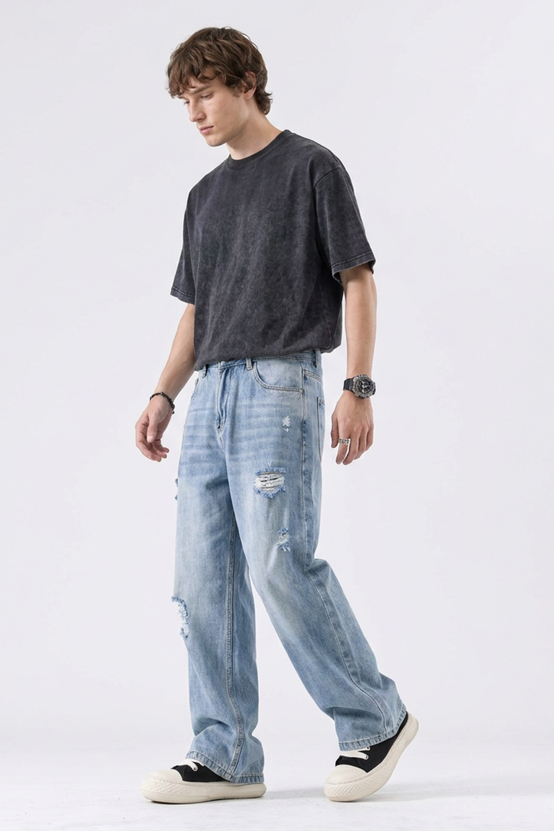 Men's Light Blue Distressed Ripped Wide-Leg Jeans