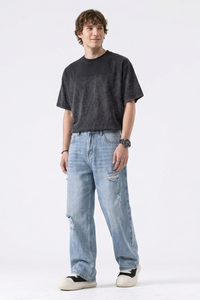 Men's Light Blue Distressed Ripped Wide-Leg Jeans