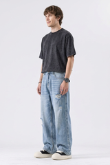 Men's Light Blue Distressed Ripped Wide-Leg Jeans