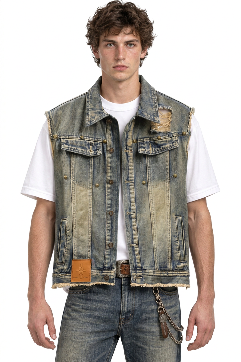 Men's Vintage Distressed Sleeveless Denim Vest