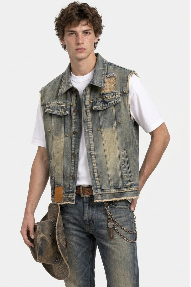 Men's Vintage Distressed Sleeveless Denim Vest