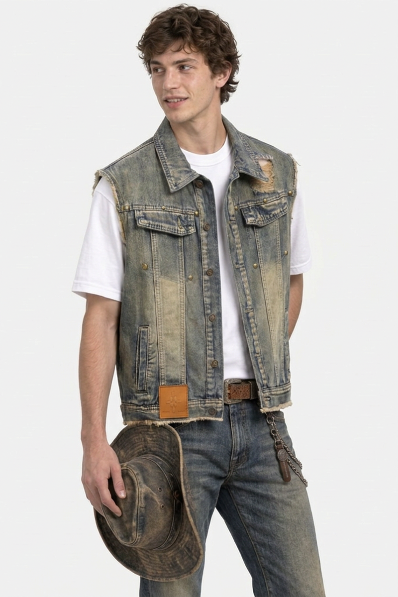 Men's Vintage Distressed Sleeveless Denim Vest