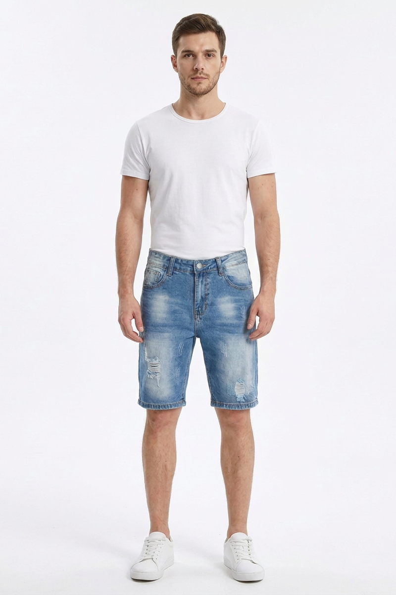 Men's Blue Gradient Dye Ripped Denim Shorts