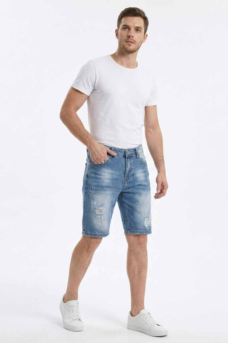 Men's Blue Gradient Dye Ripped Denim Shorts