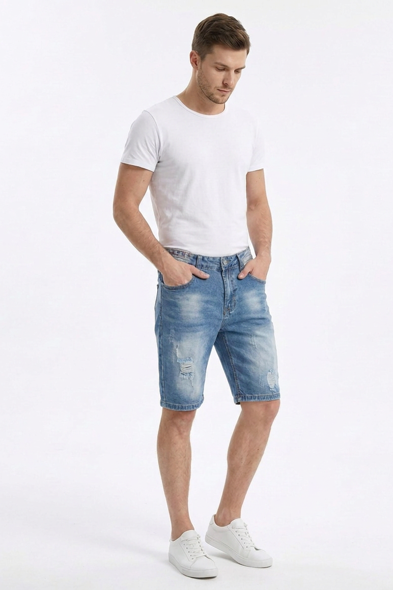 Men's Blue Gradient Dye Ripped Denim Shorts