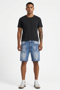 Men's Blue Star Studded Distressed Ripped Denim Shorts