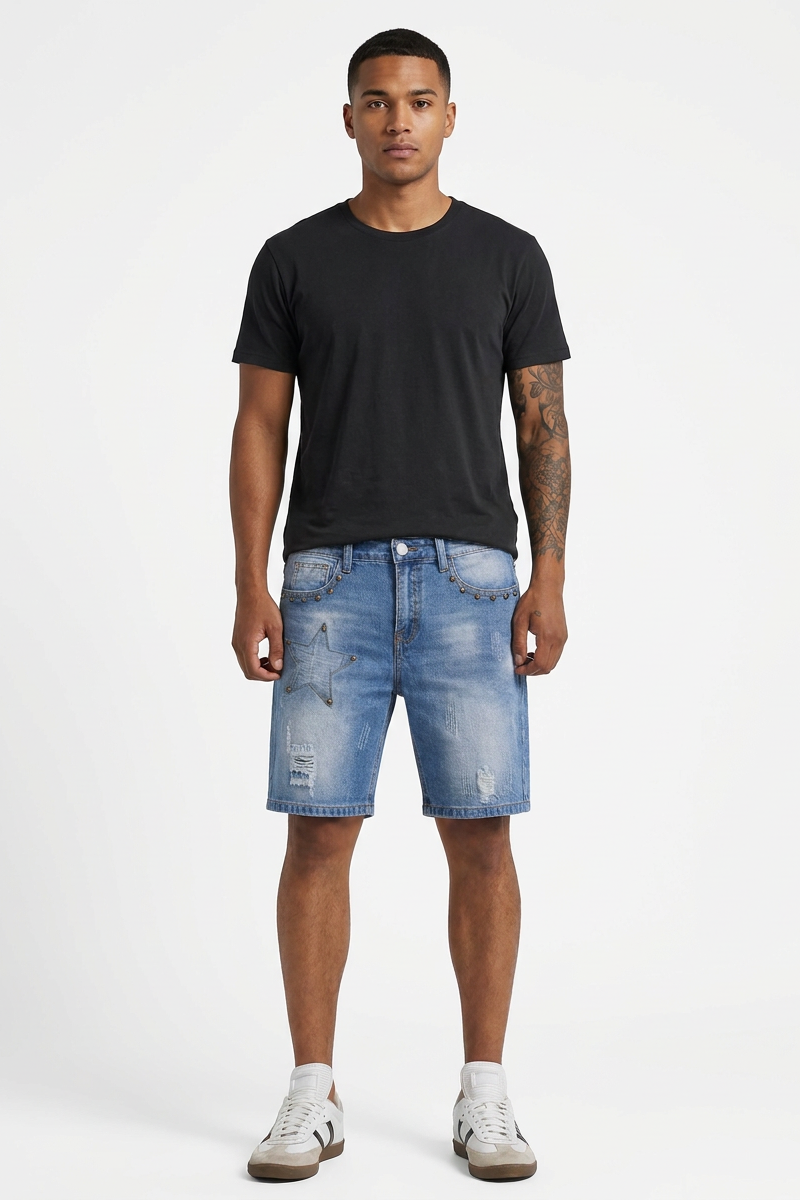 Men's Blue Star Studded Distressed Ripped Denim Shorts