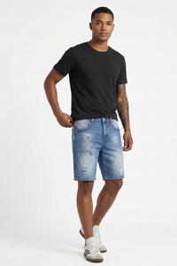 Men's Blue Star Studded Distressed Ripped Denim Shorts