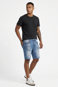 Men's Blue Star Studded Distressed Ripped Denim Shorts