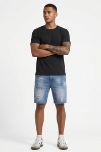 Men's Blue Star Studded Distressed Ripped Denim Shorts