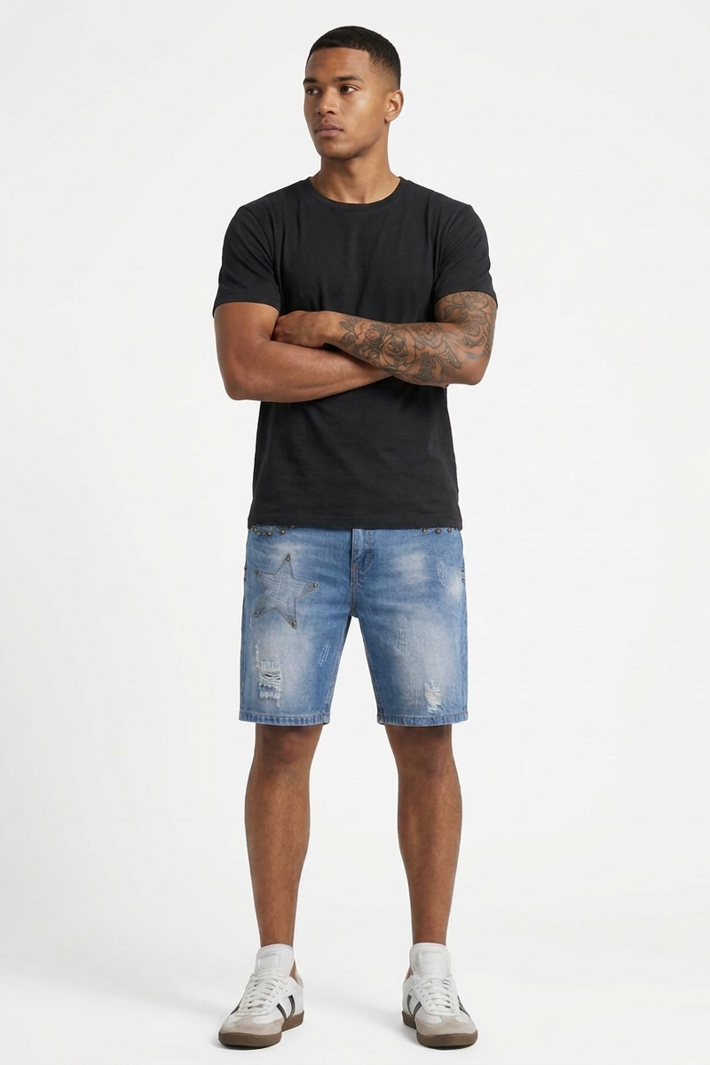Men's Blue Star Studded Distressed Ripped Denim Shorts
