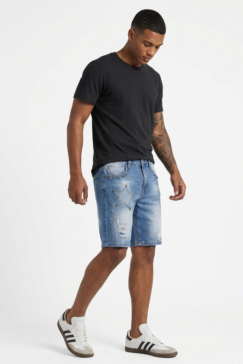 Men's Blue Star Studded Distressed Ripped Denim Shorts