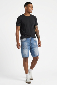Men's Blue Star Studded Distressed Ripped Denim Shorts