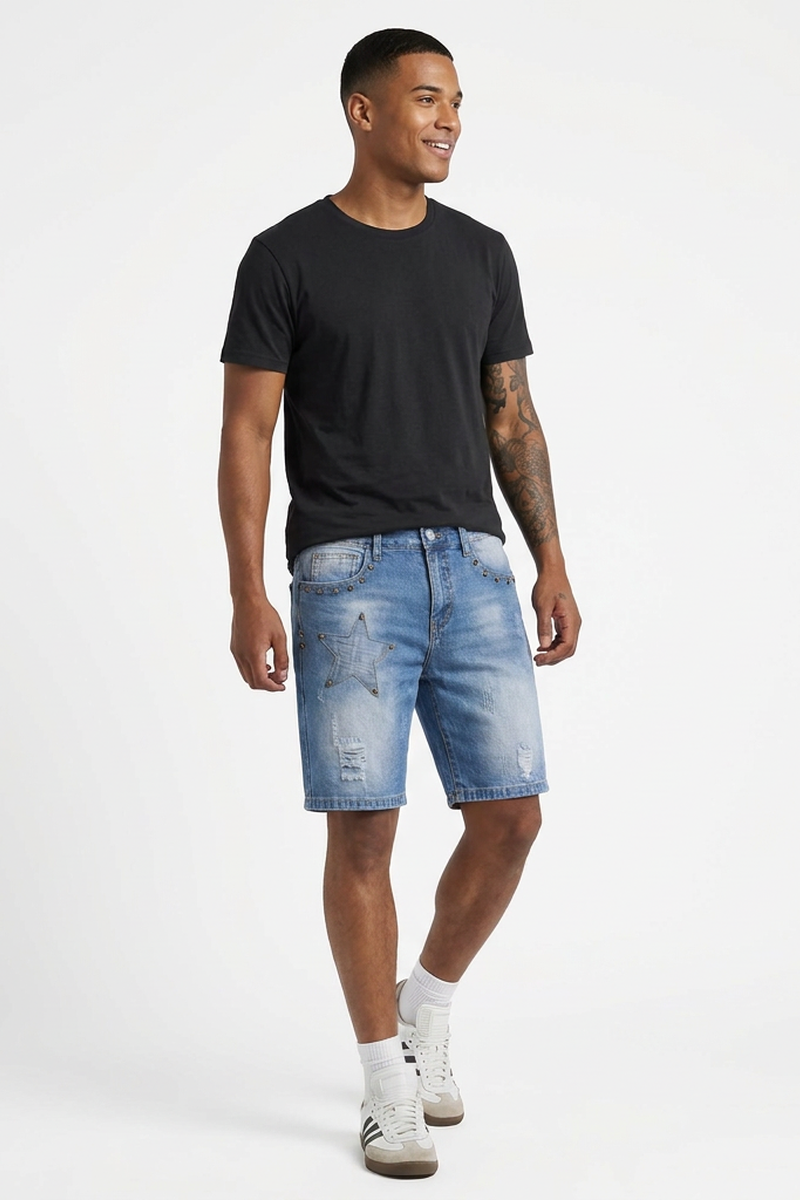 Men's Blue Star Studded Distressed Ripped Denim Shorts
